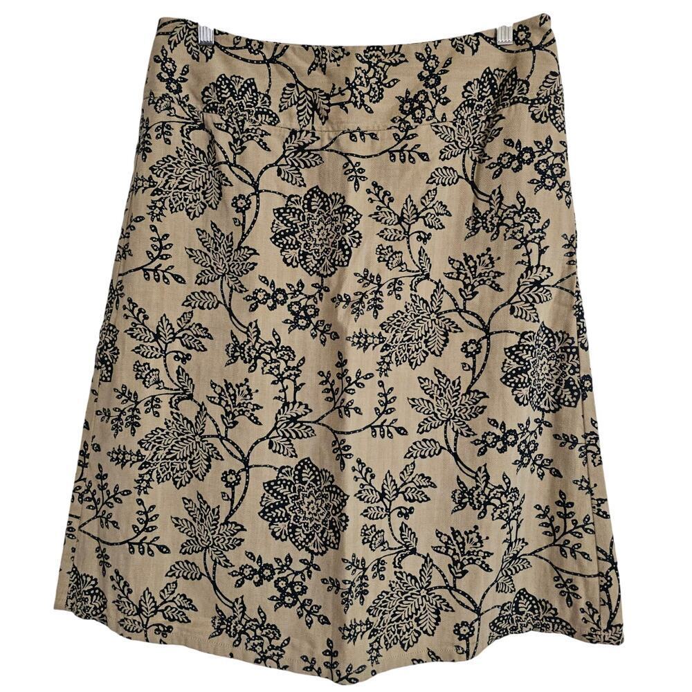 Eddie Bauer Beige Black Floral Side Zip Knee-length‎ Skirt 10 A-Line 100% Cotton